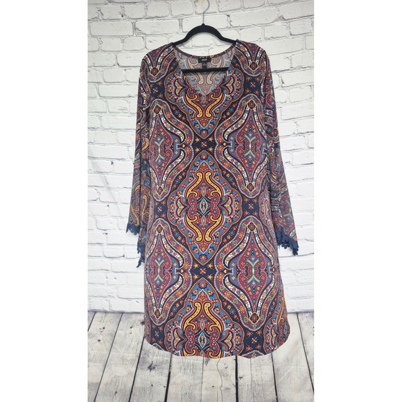 MSK Womens Southwest Paisley Boho Shift Dress Blue Red Bell Sleeve Lace Trim L - Picture 5 of 7